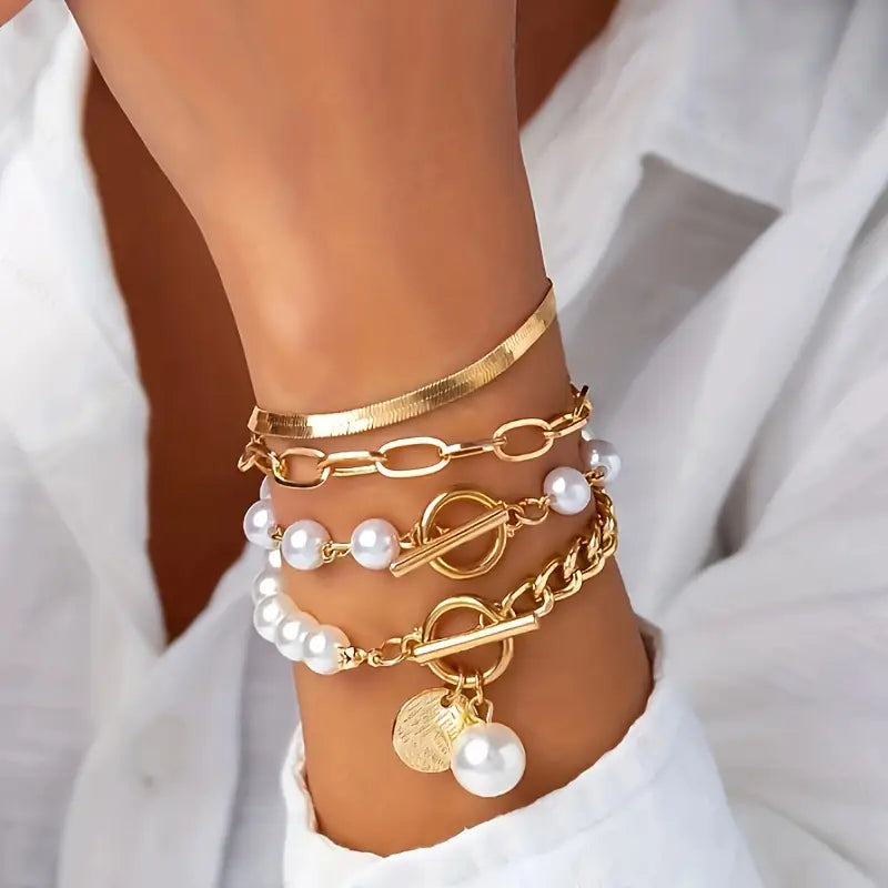 Set di 4 bracciali Chic Gold - Serpente, perle e maglie | Oro