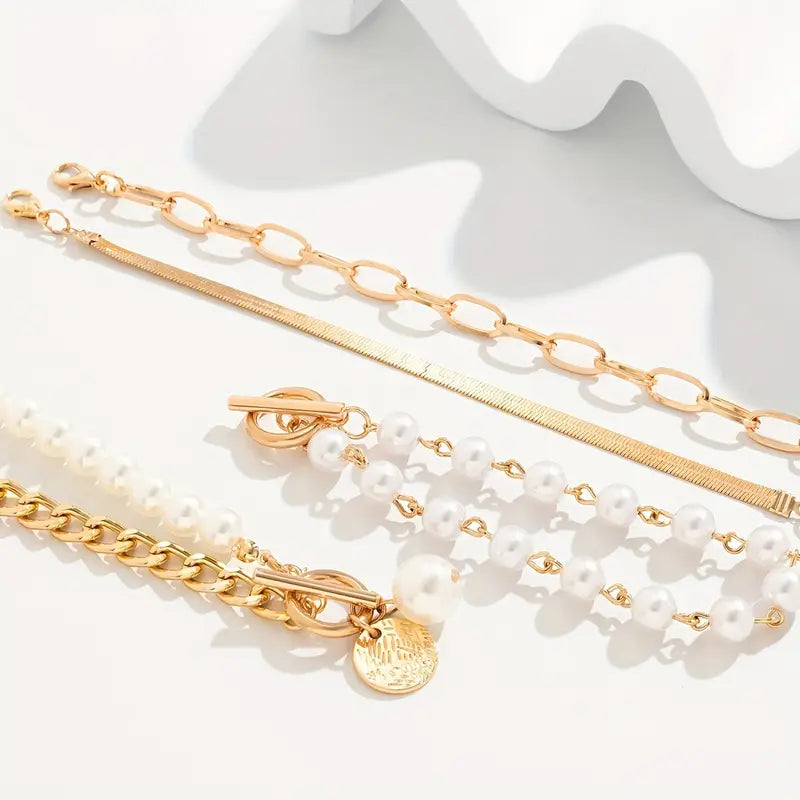Set di 4 bracciali Chic Gold - Serpente, perle e maglie | Oro