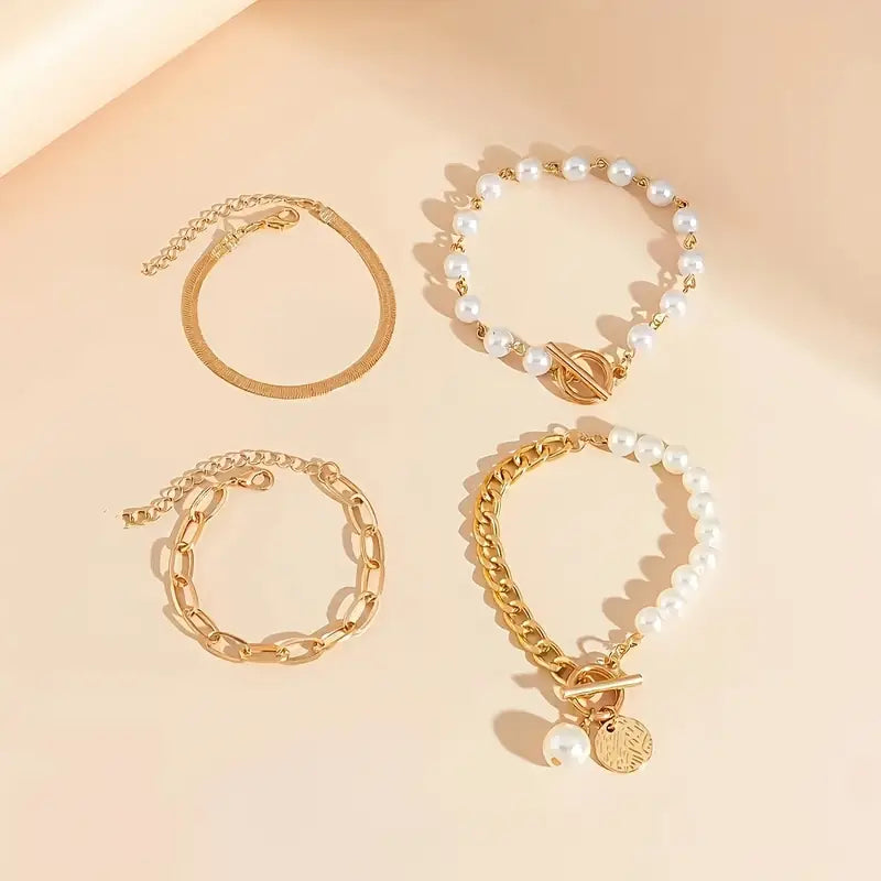 Set di 4 bracciali Chic Gold - Serpente, perle e maglie | Oro